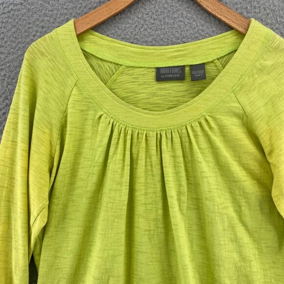 Chicos Top Womens 1 US Medium Green Roll Tab Long Sleeve Ruched Collar Pullover* - Picture 2 of 11